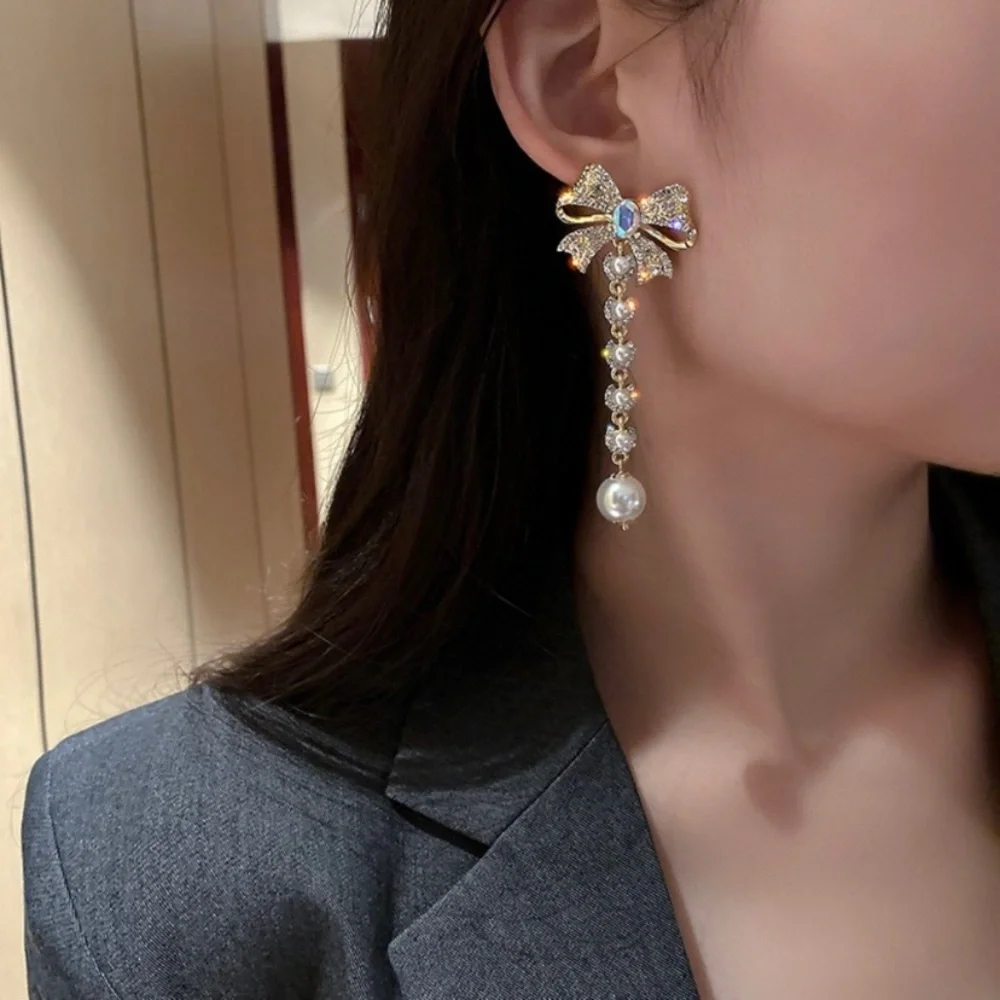 Elegant Bow Pearl Tassel Long Dangle Drop Earrings for Women